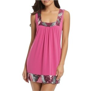 Y2K Express Sequin Trim Square Neck Mini Dress Pink Silver Cocktail Party Barbie